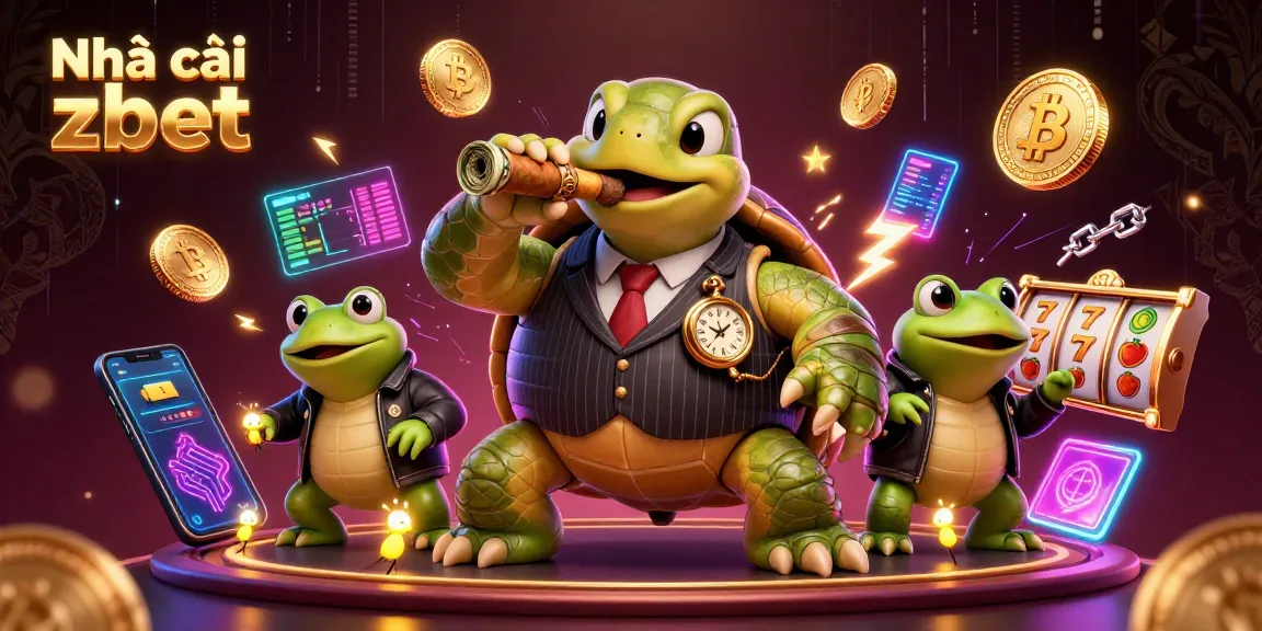 Engage with Nhà cái zbet featuring a massive snapping turtle and bullfrogs in a lively casino scene.