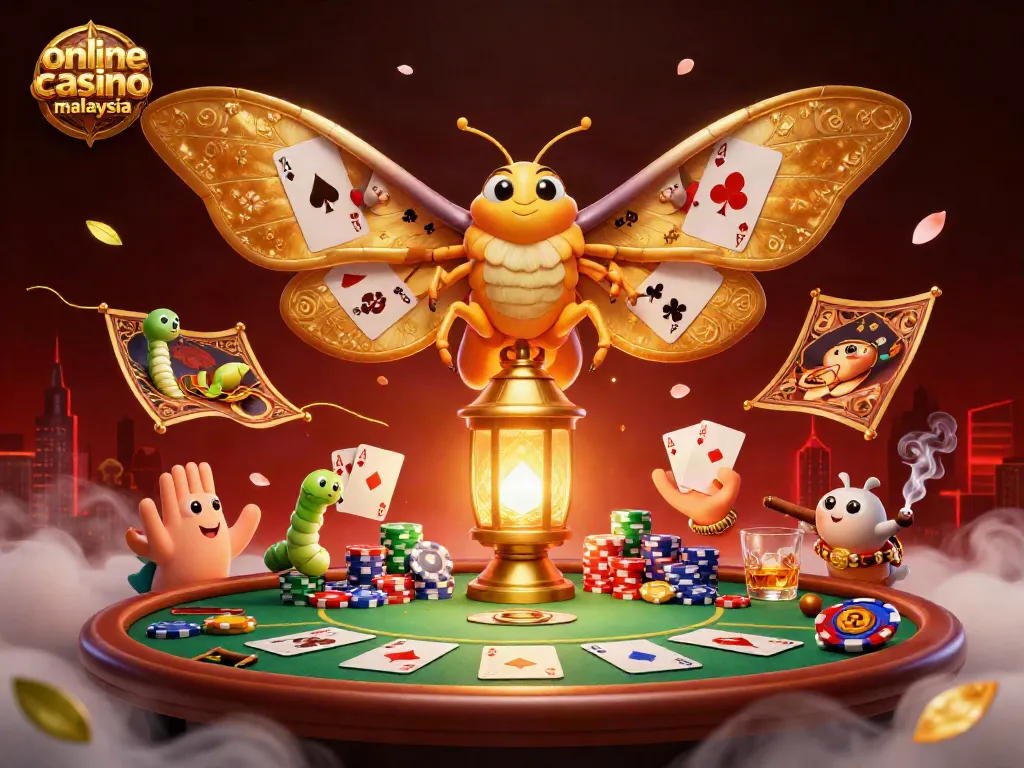Engage with the exciting online casino malaysia scene featuring a dynamic moth and vibrant gambling elements.