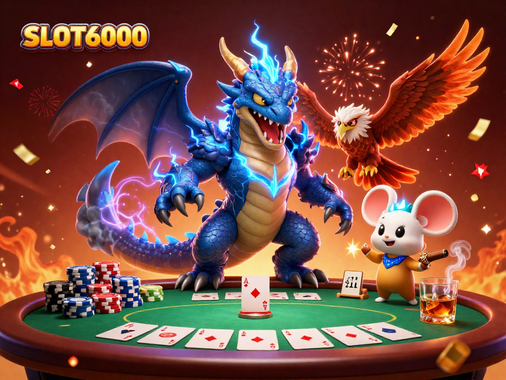 SLOT6000 showcases an exciting scene with dynamic casino elements and vibrant characters celebrating wins.