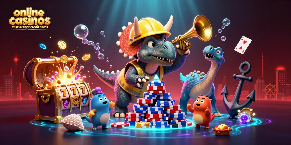Experience online casinos that accept credit cards with a vibrant 3D scene featuring playful characters and casino elements.