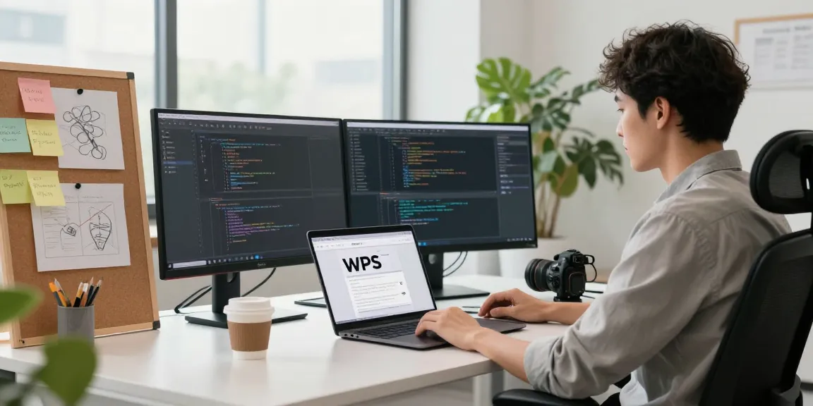 Programmer working efficiently at a desk featuring the WPS Official Website, modern office setup with dual monitors and natural light.