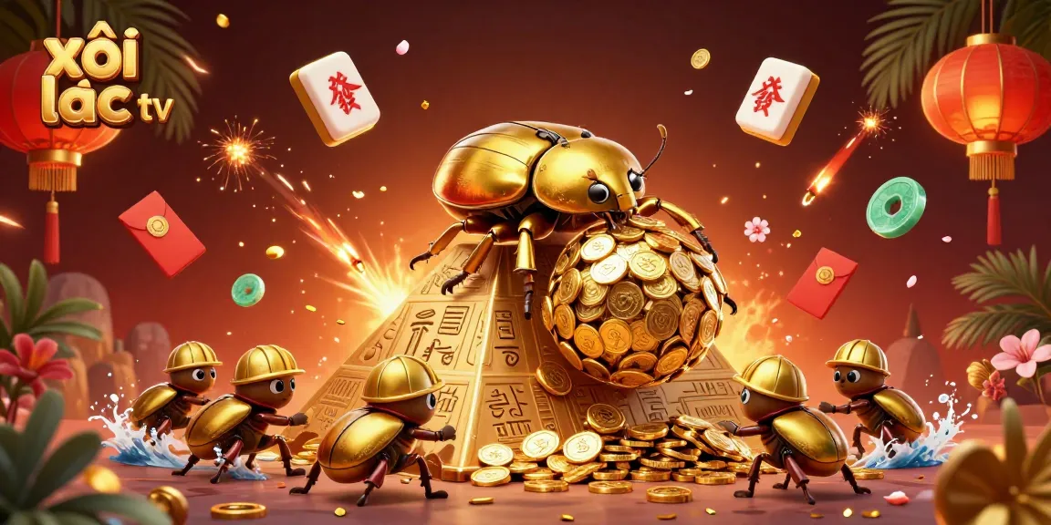 Xôi lạc tv unleashes the excitement of online gambling with a rich vibrant scene of a golden dung beetle and coins.