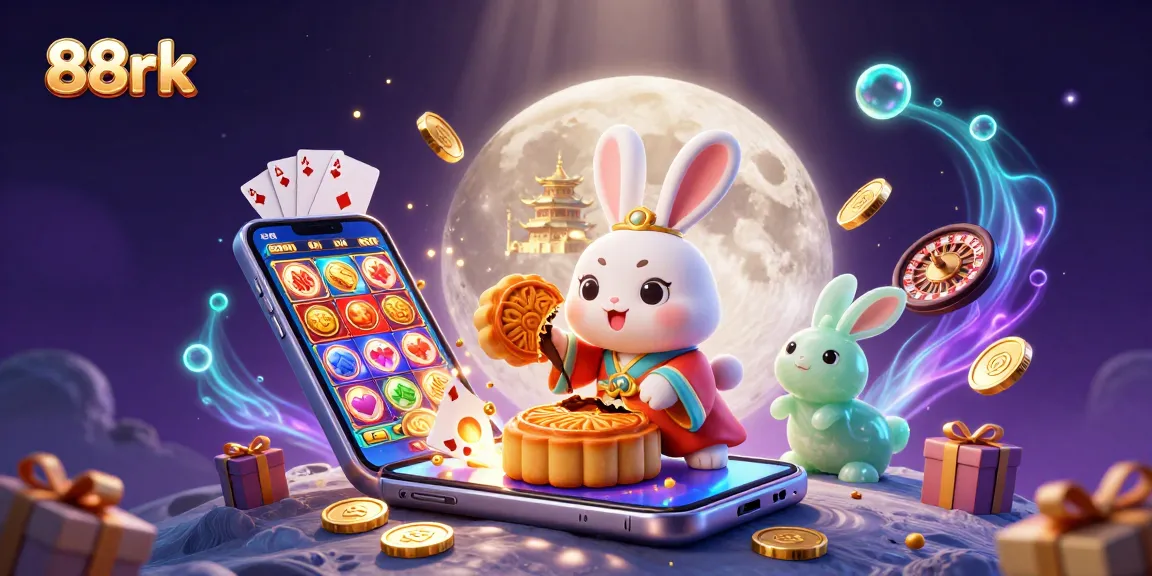 Engage with 88rk's festive moon rabbit illustration, showcasing lunar game elements and poker chip treasures.