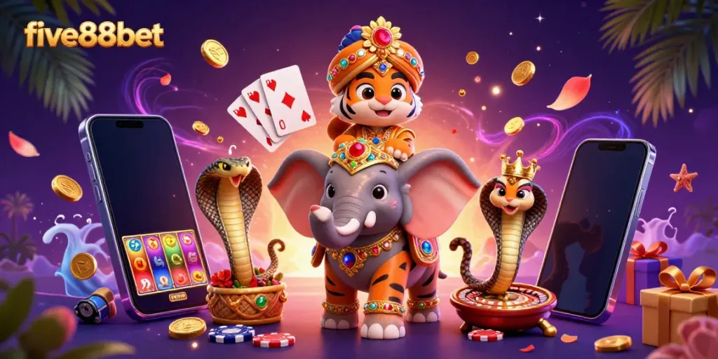 Experience thrilling wins at five88bet with a 3D scene showcasing vibrant casino elements and characters.