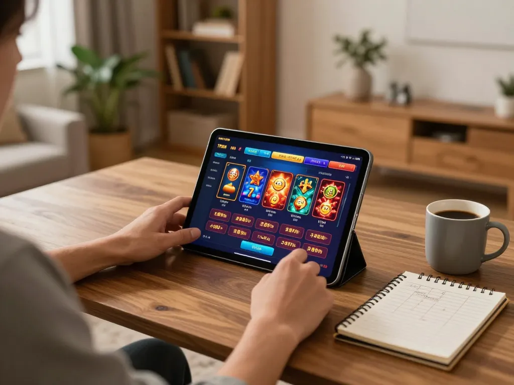 Person engaging in online gambling at TR88 using a tablet in a cozy home setting.