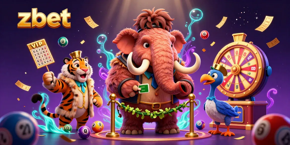 Experience zbet's exciting casino atmosphere with a vibrant scene of colorful lottery balls and unique characters.