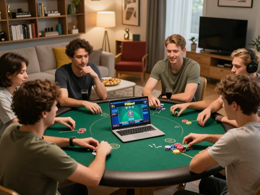 Friends playing online poker on f8bet, enjoying an engaging game night with snacks and drinks.