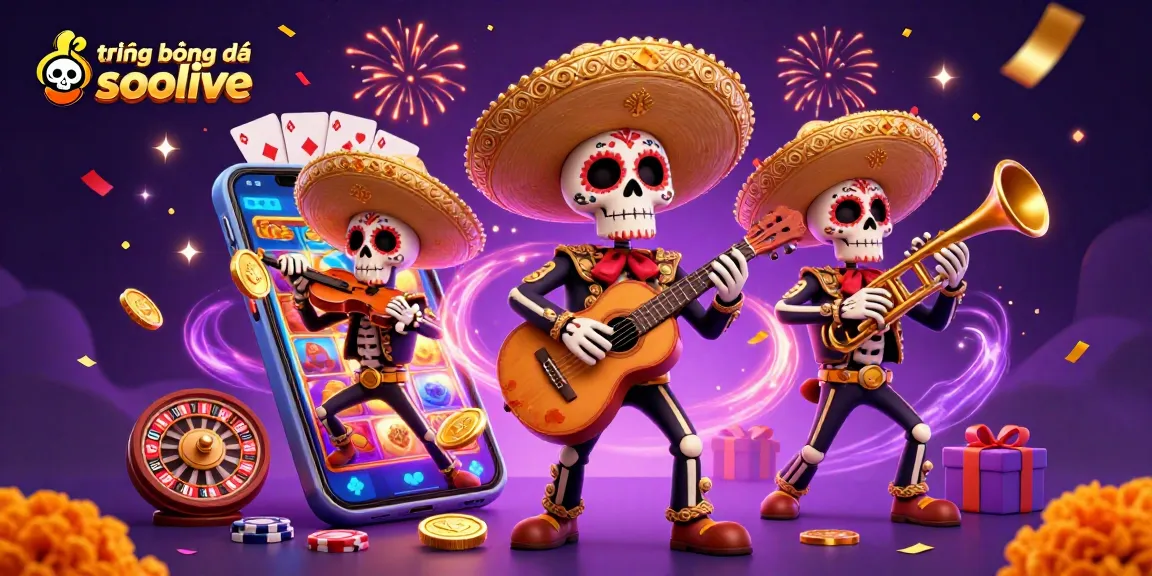 Experience trực tiếp bóng đá socolive with vibrant 3D cartoon mariachi promoting engaging gameplay and festive atmosphere.