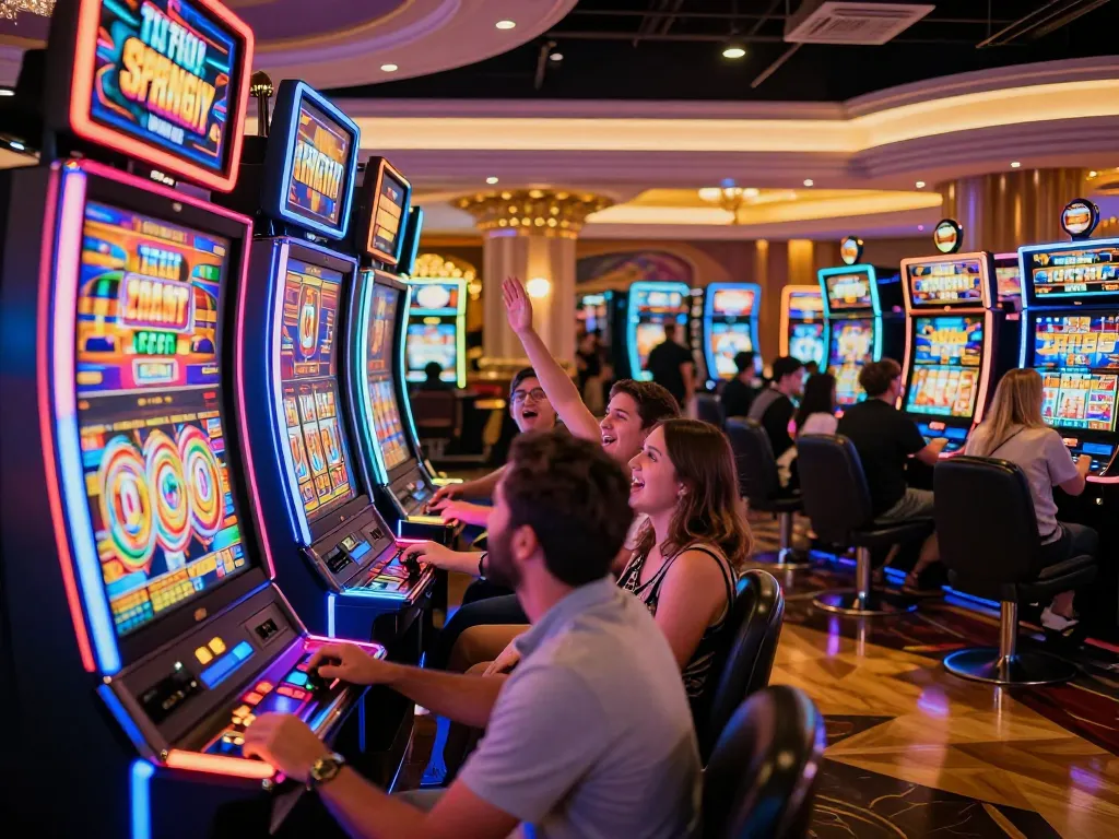 Engaged players celebrating wins at colorful slot gacor maxwin machines in vibrant casino.