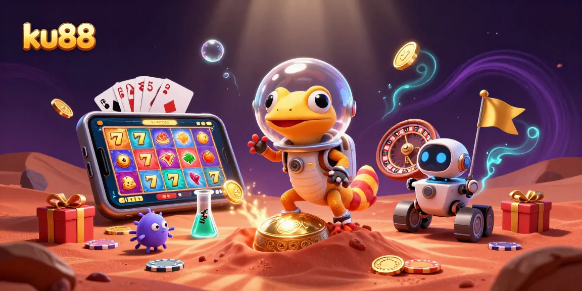 ku88 showcases a playful Martian gecko exploring a vibrant casino filled with exciting games