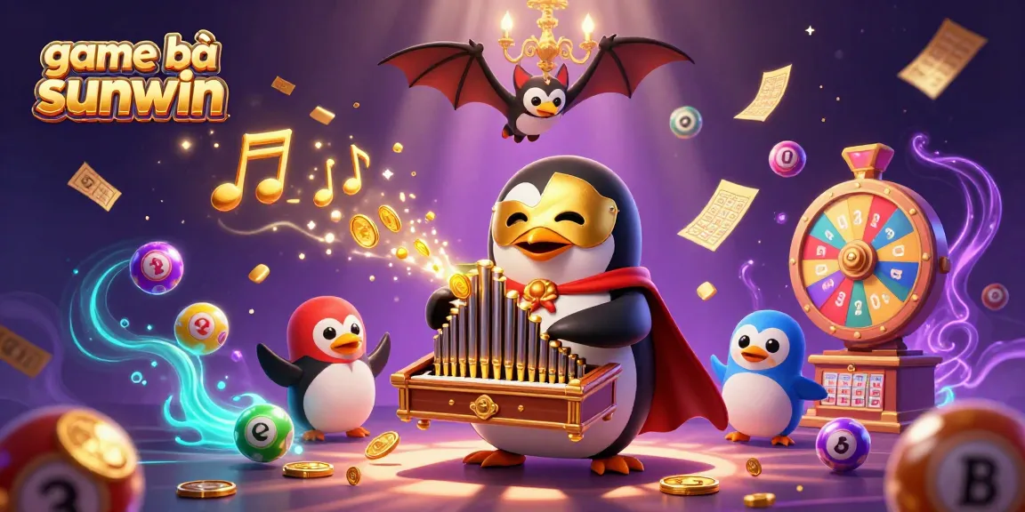 Experience game bài sunwin with a thrilling 3D scene of a penguin playing an organ as lottery balls bounce around.