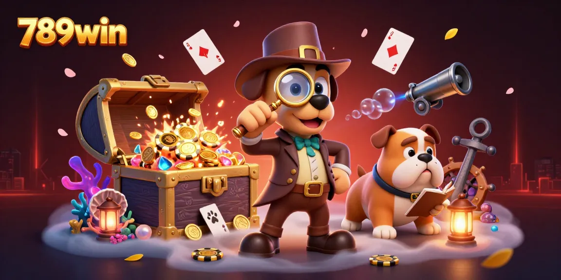 789win unlocks treasure in a vibrant casino scene with cartoon characters and gaming elements.