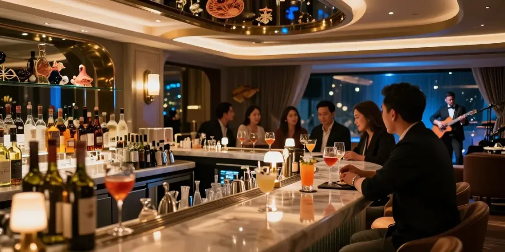 강남세이렌 쩜오의 고급스러운 라운지 내부, 고객들이 칵테일과 라이브 음악을 즐기는 모습