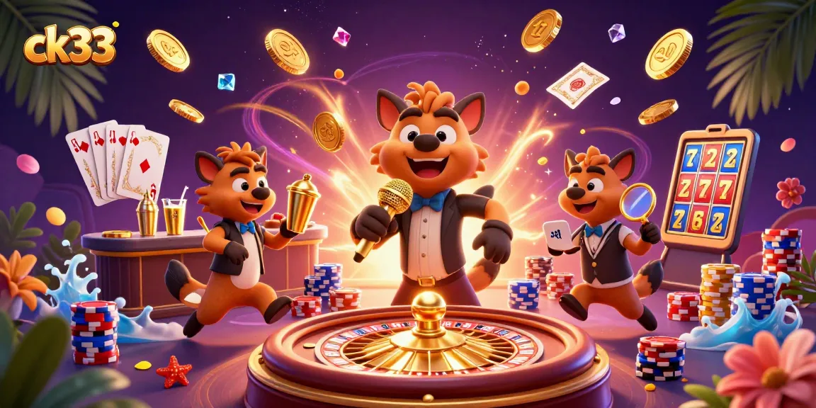 Experience laughter and excitement at ck33's vibrant comedy casino scene with hyenas and dazzling casino elements.
