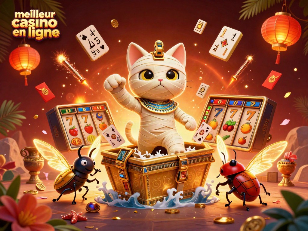 Découvrez le meilleur casino en ligne avec un chat momie égyptien émergeant d'un sarcophage doré.