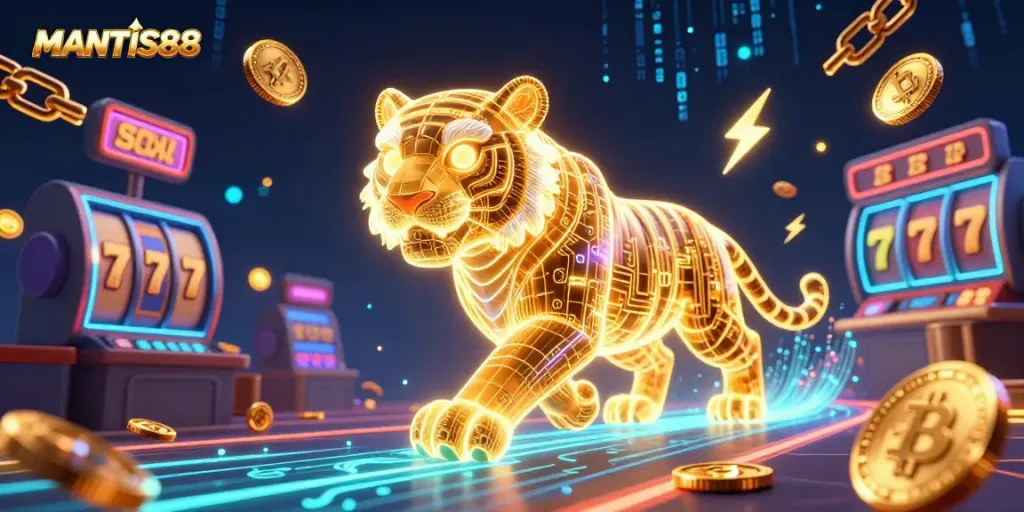 Experience thrilling wins with the MANTIS88 golden tiger roaming through an electrifying digital casino.
