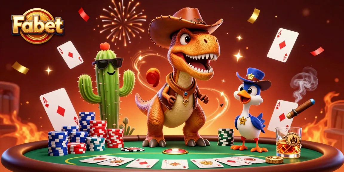 Fabet embraces thrilling poker action with a cowboy dinosaur and friends. Join the fun!