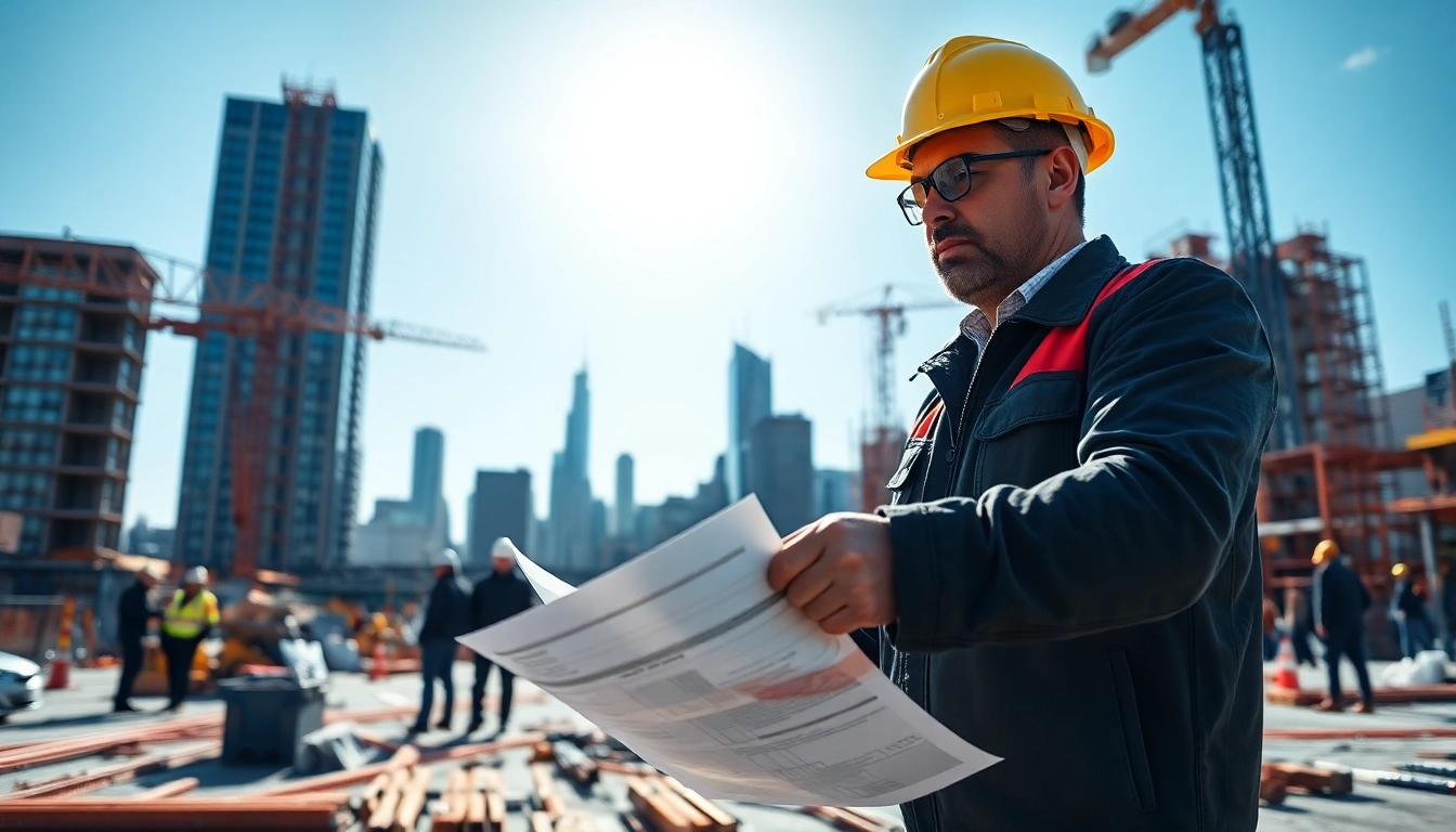 Manhattan Commercial General Contractor inspecting blueprints at an urban construction site.