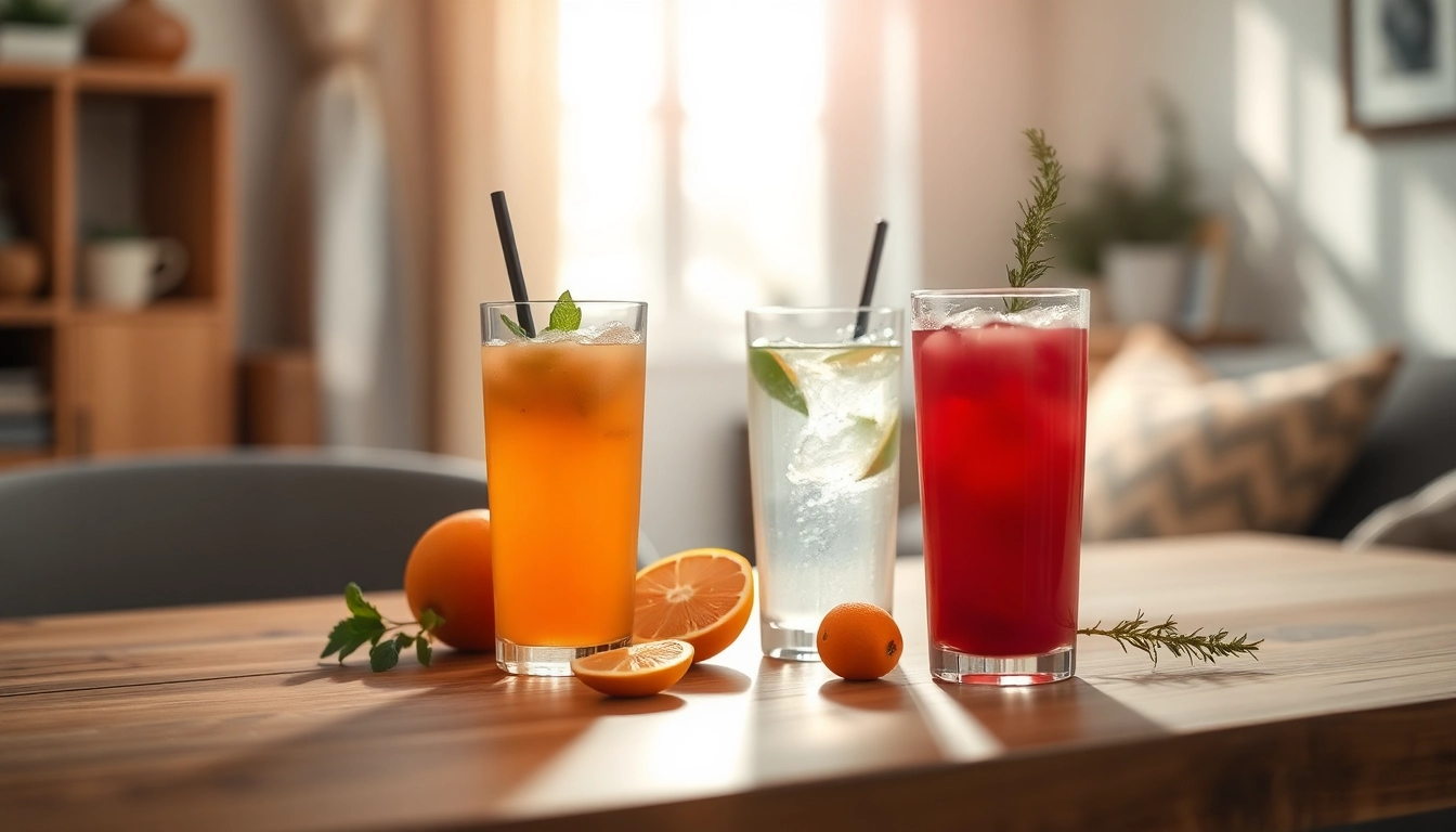 Refreshing tumblers artfully arranged on a wooden table featuring smooth designs and natural elements.