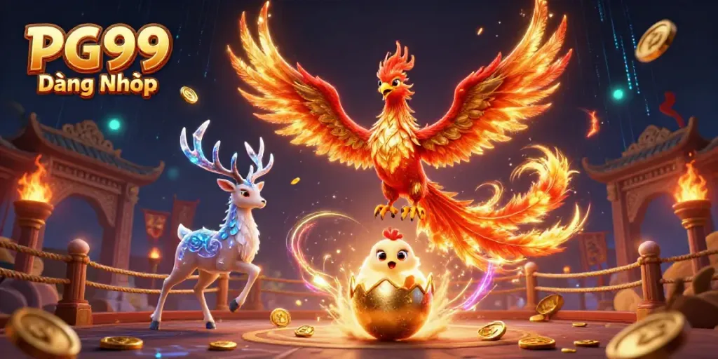 Experience the thrill of PG99 Đăng Nhập with a dynamic 3D phoenix and casino elements.