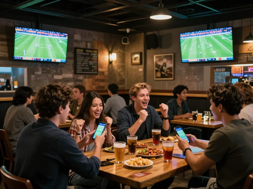 BONGDALU sports fans cheering and placing bets on football matches in a lively sports bar atmosphere.