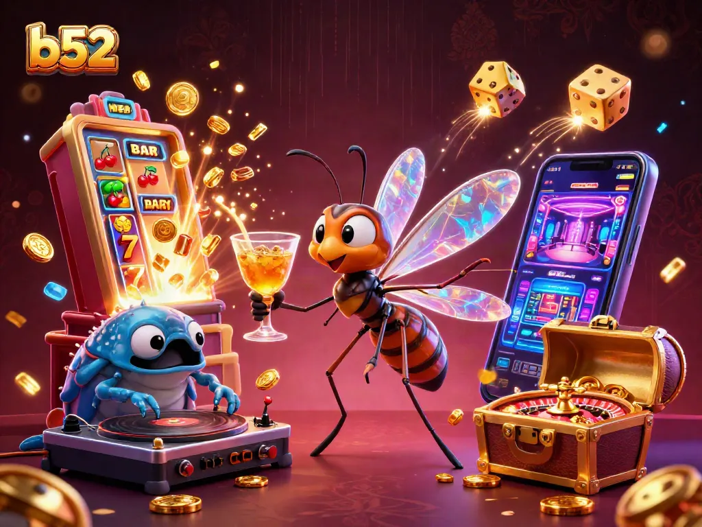 Experience the thrill of b52 gaming with a vibrant illustration of casino elements, including a 3D mosquito mascot and a DJ.