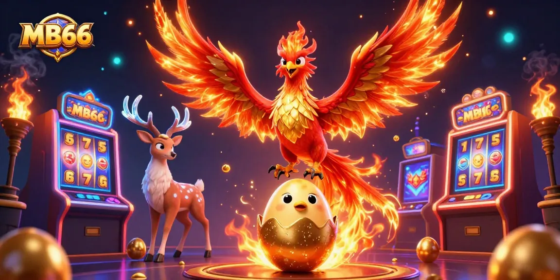 Spin the reels at MB66, featuring vibrant slot machines and a mystical phoenix in a lively casino scene.