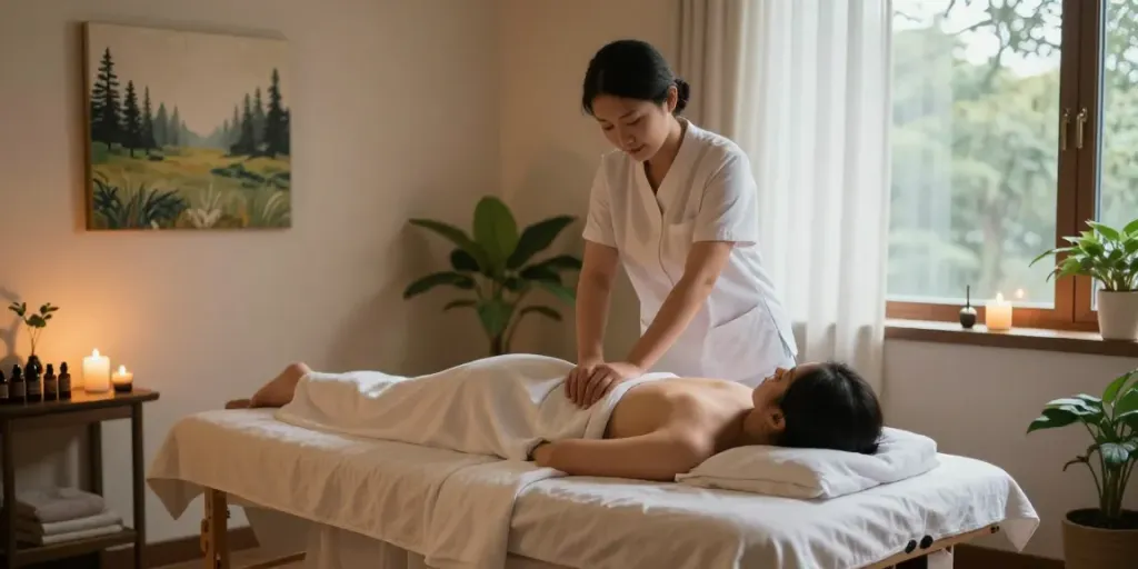 Relaxing 성북구출장안마 session in a serene massage therapy room with soft lighting and essential oils.