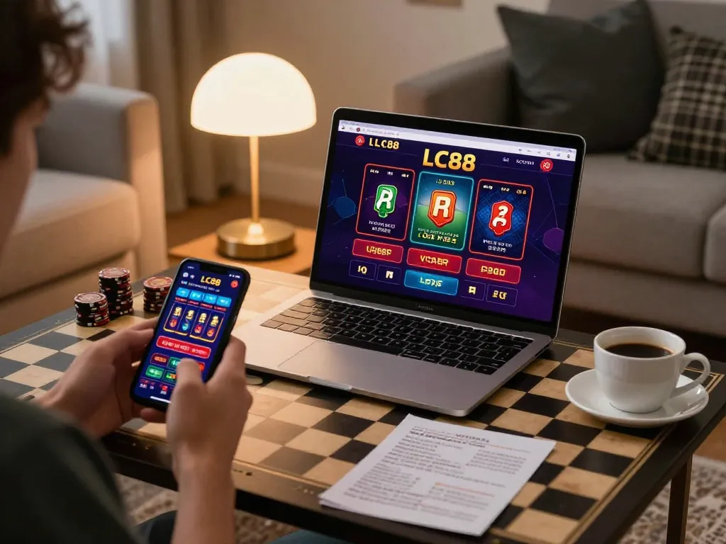 LC88 online casino player engaging with slots and table games in cozy home environment