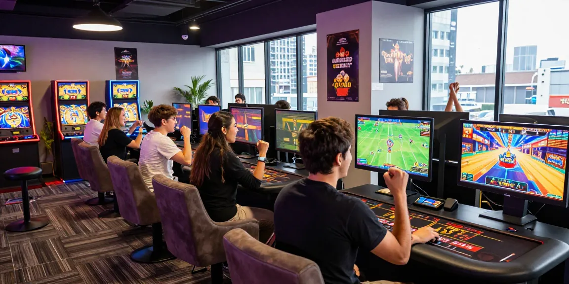 Exciting gaming atmosphere at 79club with diverse players celebrating wins and engaging in various games.