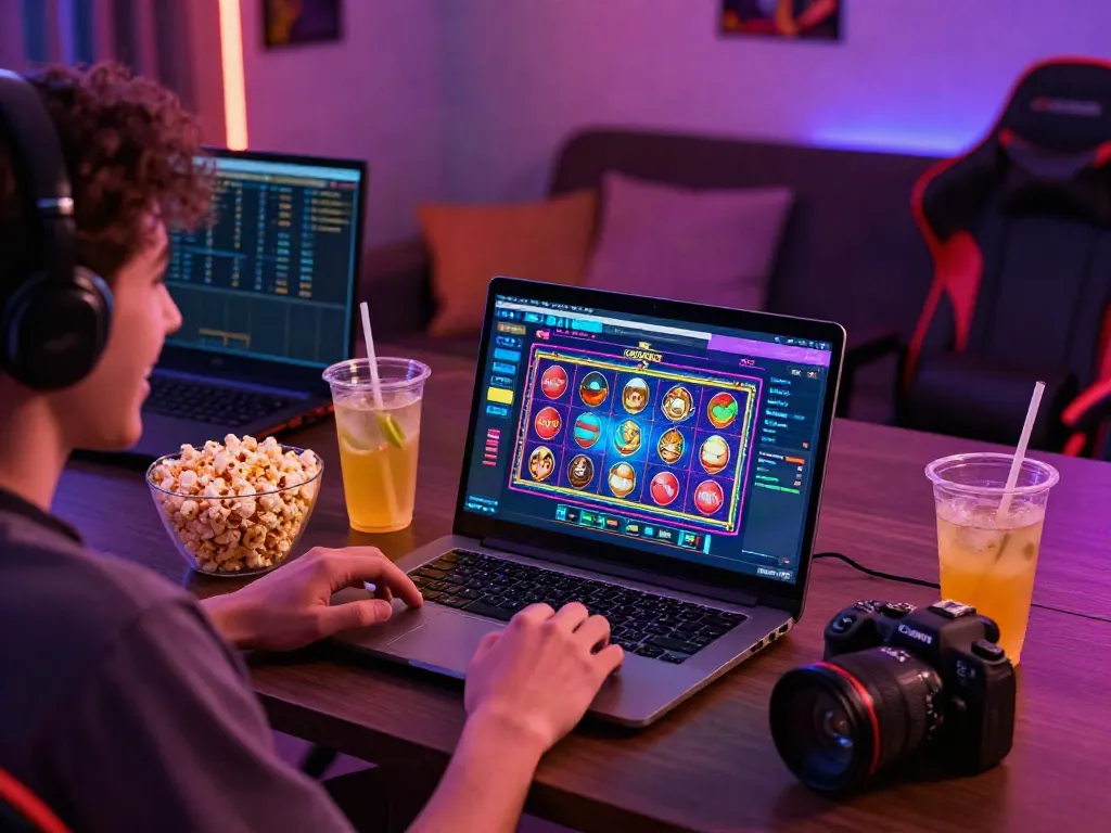 User enjoying the DA88 online gaming experience with vibrant slot game visuals and cozy atmosphere.