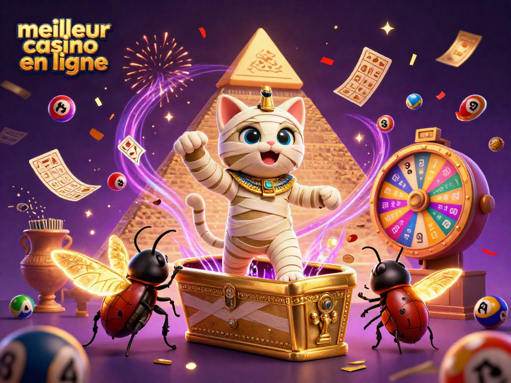 Jouez au meilleur casino en ligne et découvrez une scène dynamique avec des éléments de jeu et des personnages captivants.