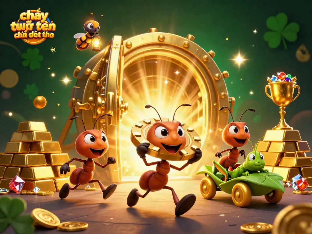 Chơi casino trực tuyến trên điện thoại với đội kiến mang chip poker vàng trong cảnh đầy vàng và kho báu.