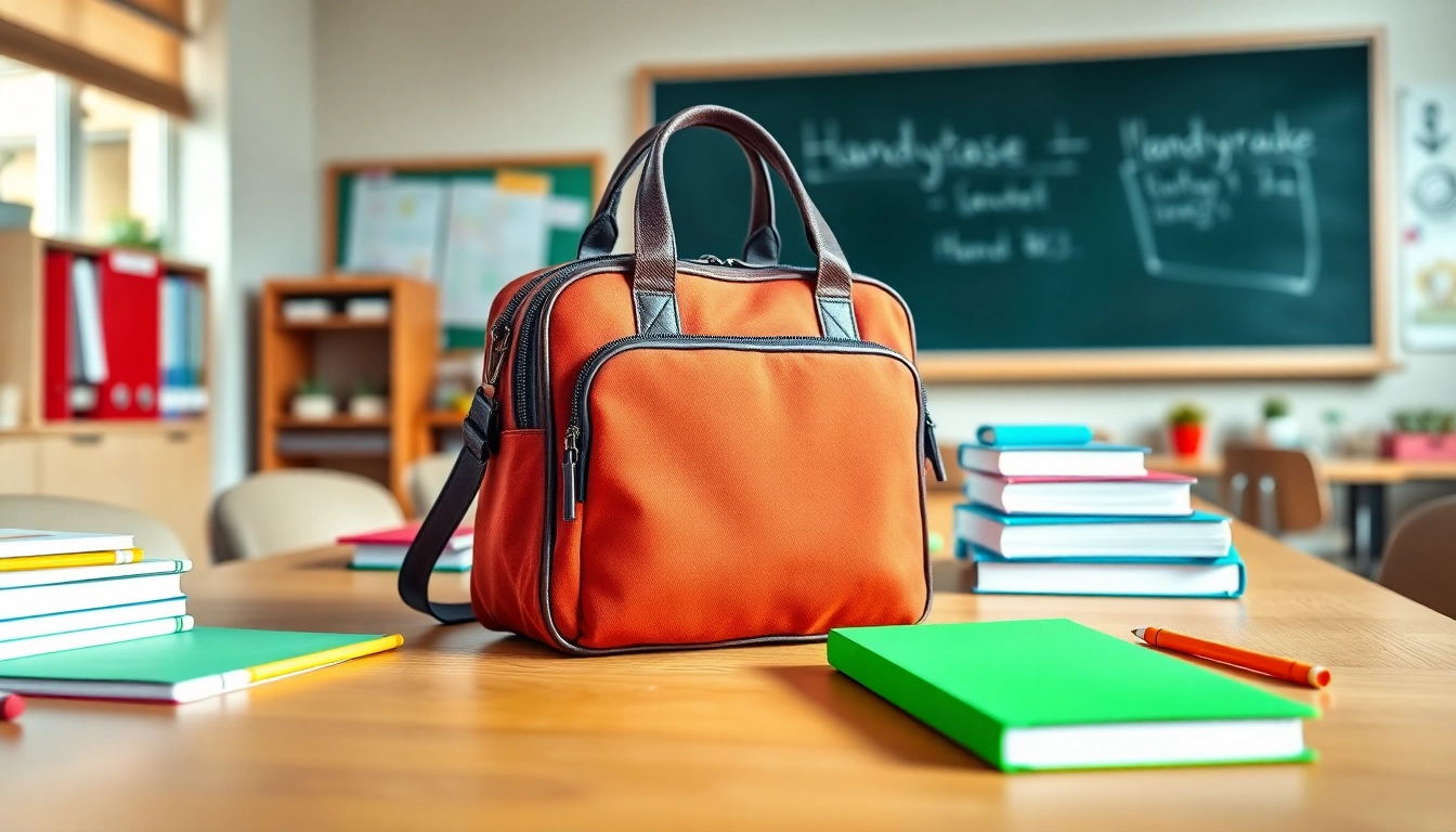 Handytasche Klassenzimmer auf einem Schreibtisch im modernen Klassenzimmer mit leuchtenden Farben.