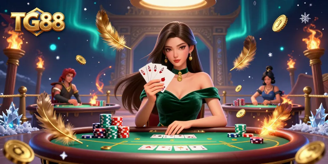 Play exciting poker at TG88 with a skilled Asian woman adorned in an emerald dress surrounded by gold coins.