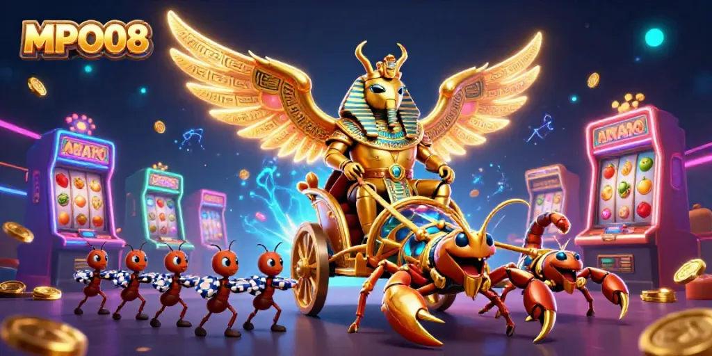 Experience the excitement of MPO08 with a golden scarab and scorpions amidst 3D casino elements.