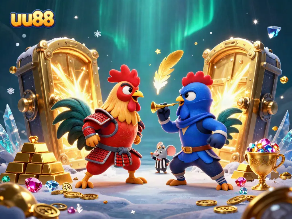 Join the excitement with uu88 as roosters battle in a vibrant casino scene filled with treasures.