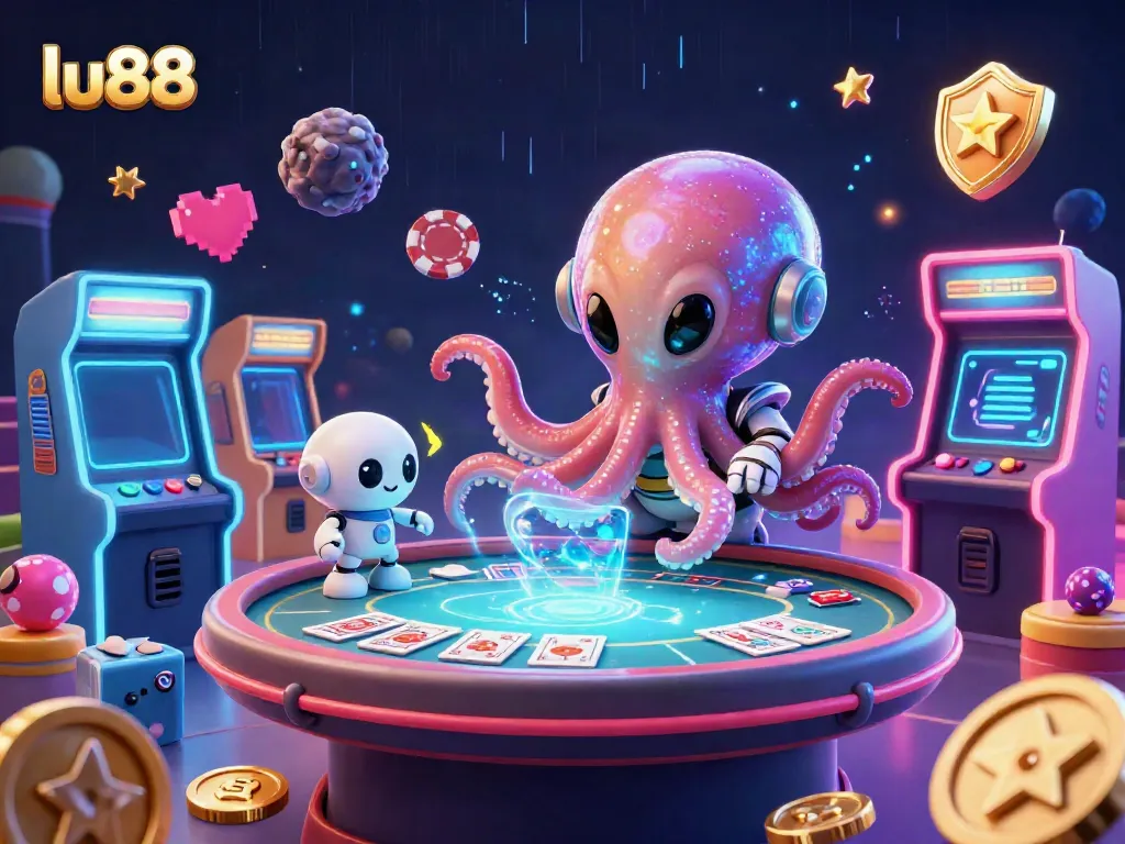 Join the vibrant casino world at lu88 as an alien octopus plays poker surrounded by colorful arcade elements.