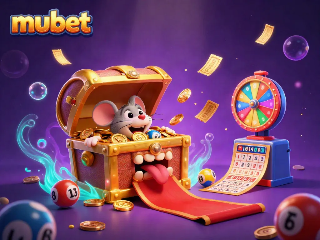 Experience exciting wins with mubet's captivating casino-themed 3D illustration featuring lottery elements and treasures.