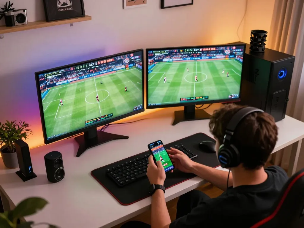 KP88 player analyzing odds on smartphone in a stylish home office, showcasing dynamic online sports betting.