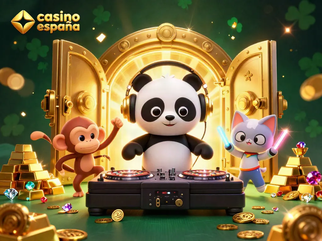 Casino España Online: Disfruta diversión y emoción con un DJ panda en 3D en un entorno de casino vibrante.