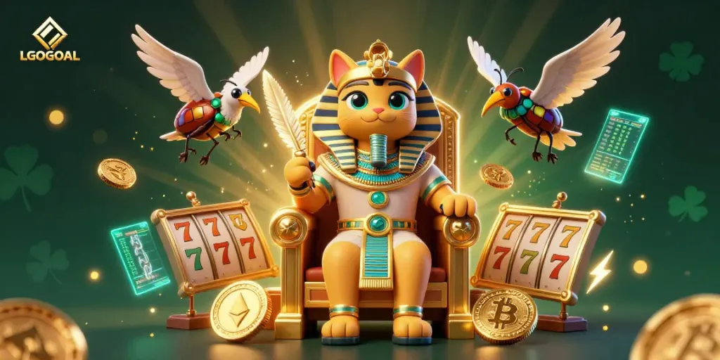 Experience thrilling slots at LGOGOAL with vibrant pharaoh and scribe characters amidst floating crypto coins.