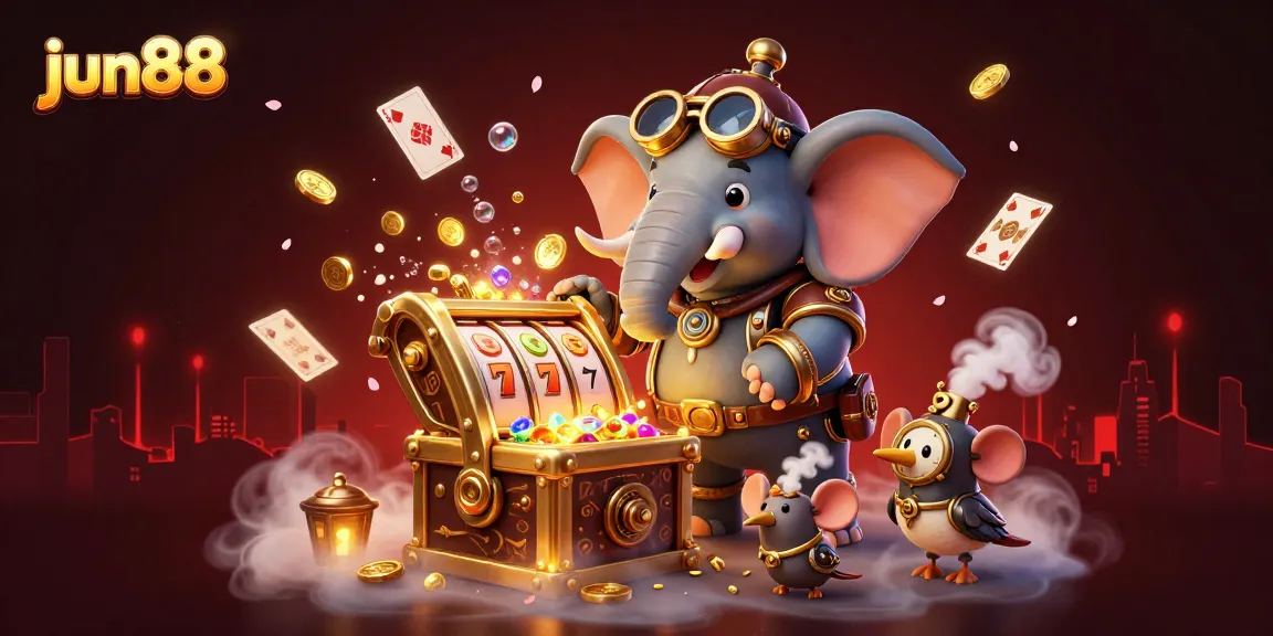 Experience excitement at jun88 with a whimsical steampunk elephant and dynamic slot machine action.