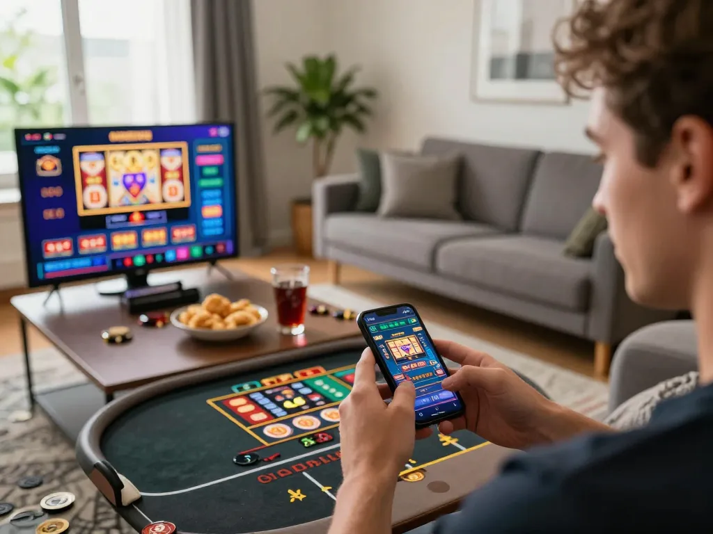Engaged player experiencing exciting gameplay with 79 king on mobile device in cozy home setting.