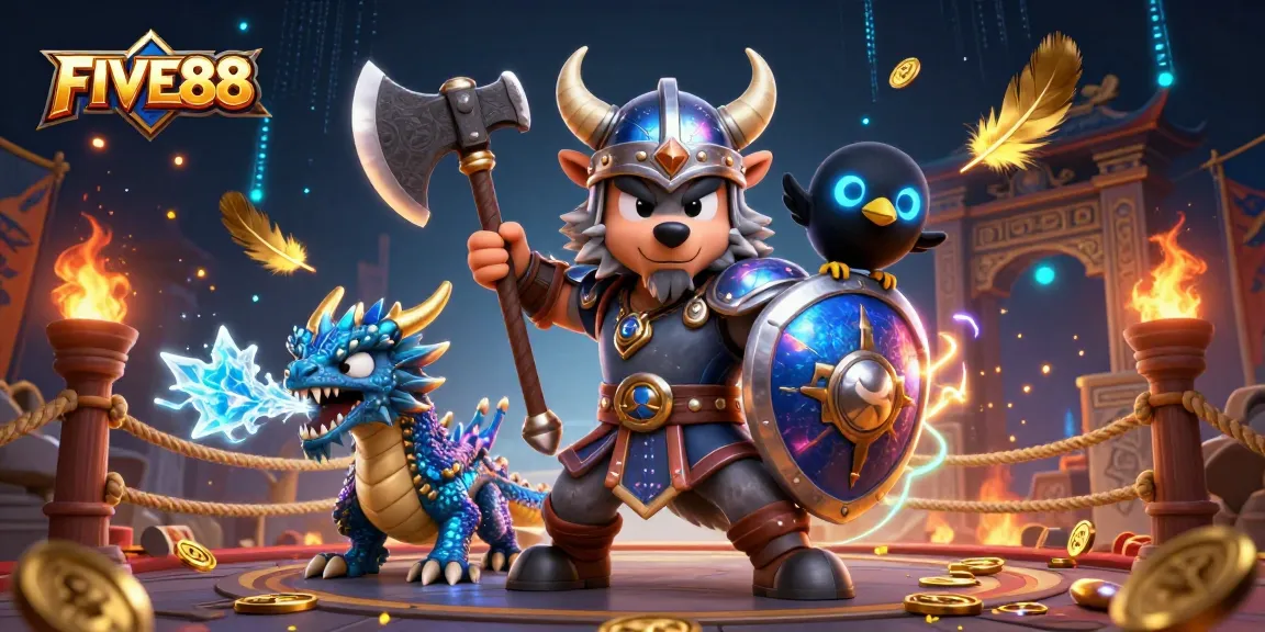 Experience excitement with FIVE88 as a Viking wolf warrior faces adventure in a vibrant casino scene.