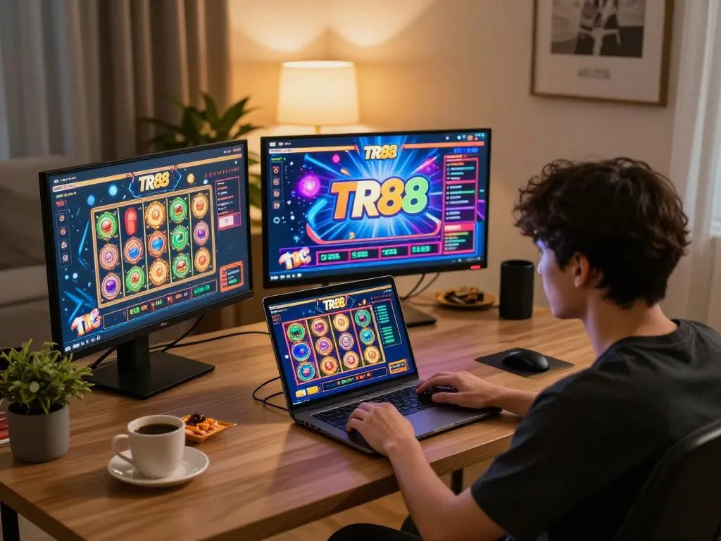 Player enjoying TR88 online slot game on laptop in cozy home setting.