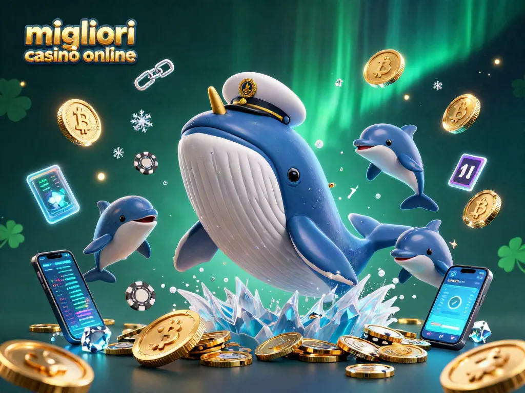Scopri i migliori casinò online mentre il grande capodoglio gioca con le monete d'oro e simboli di poker.