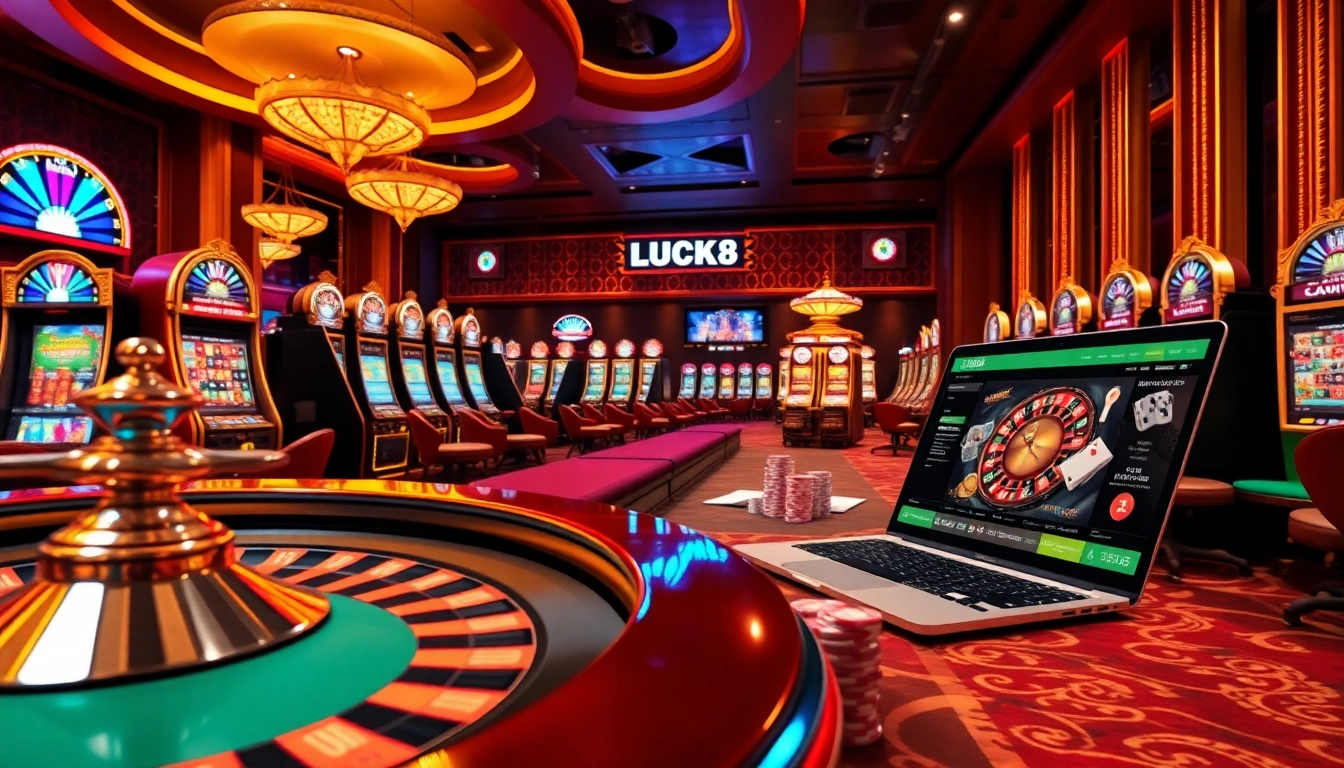 Engaging scene illustrating a luxurious casino atmosphere featuring trang chủ LUCK8 and vibrant gambling elements.