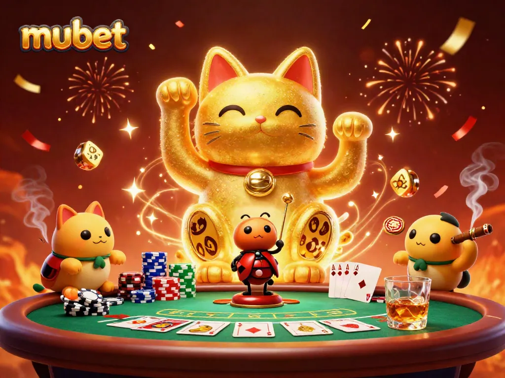 Engage with mubet as the lucky cat wave with golden fireflies in a vibrant casino celebration scene.