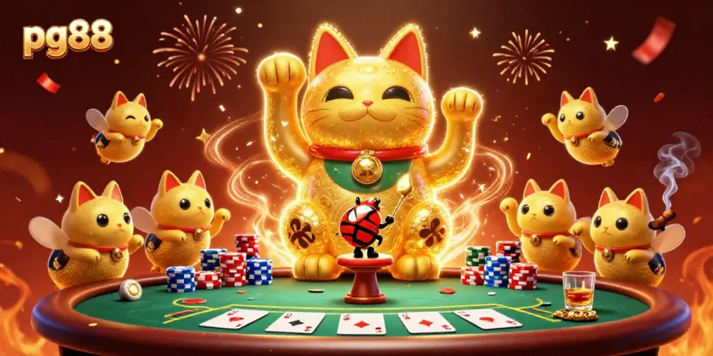 Engage with pg88's vibrant casino world, featuring a golden cat and animated symbols.